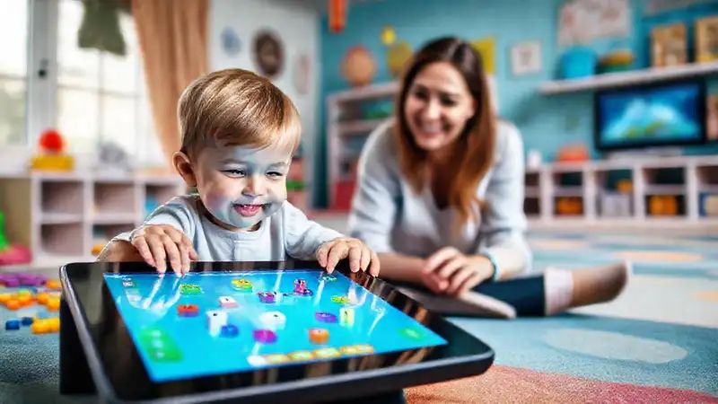 Niño aprende alegremente en entorno digital