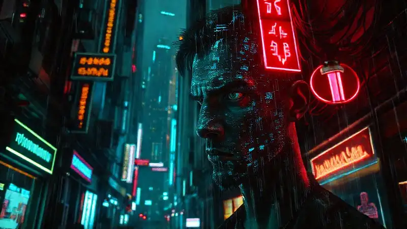 Ciudad cyberpunk digitalmente inquietante y oscura
