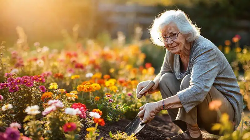 Una anciana jardinera disfruta la luz cálida