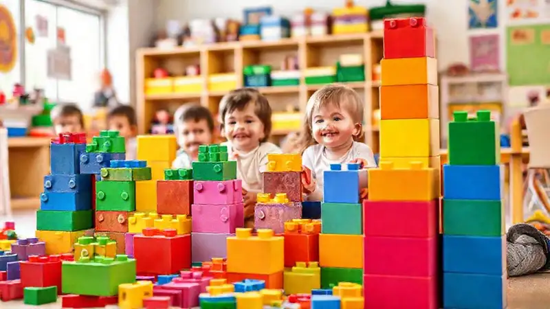 Niños aprenden alegremente con bloques coloridos