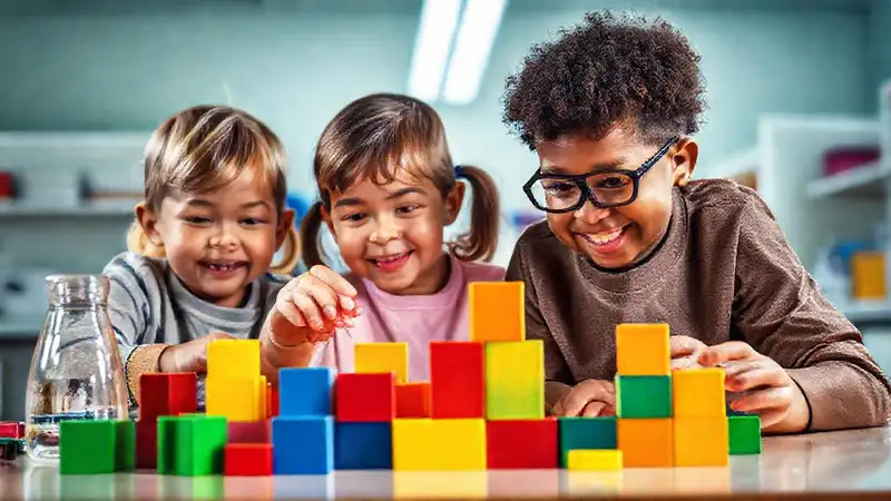 Niños exploran ciencia con bloques coloridos