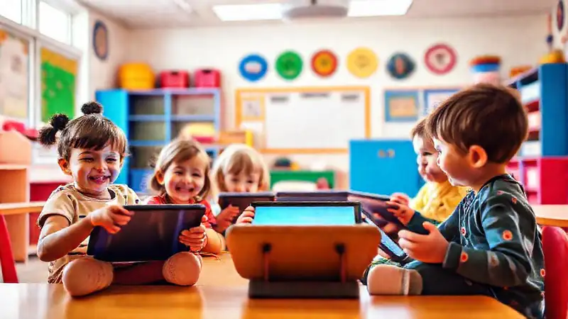 Niños felices aprenden digitalmente en un entorno seguro