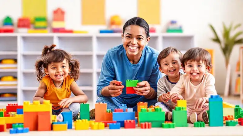 Niños felices aprenden en un espacio creativo
