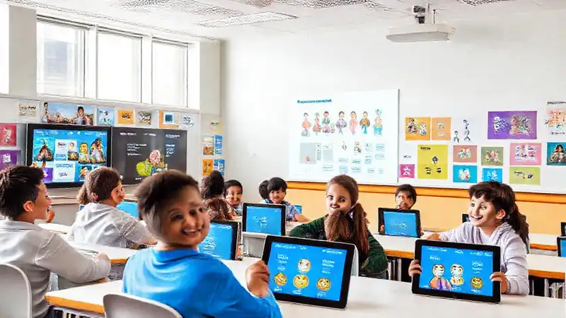 Aula moderna, estudiantes felices, aprendizaje visual