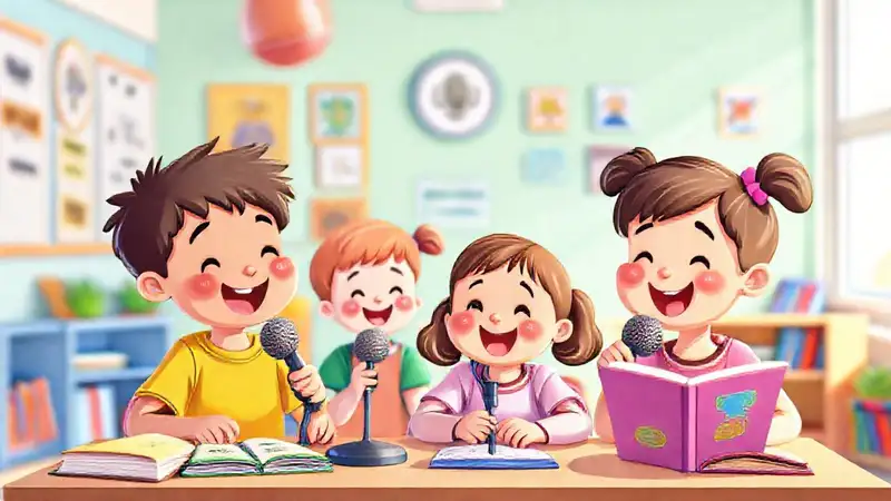 Niños felices graban podcast educativo
