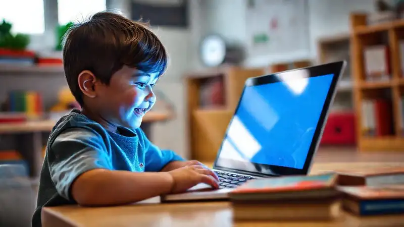 El niño aprende feliz con tecnología