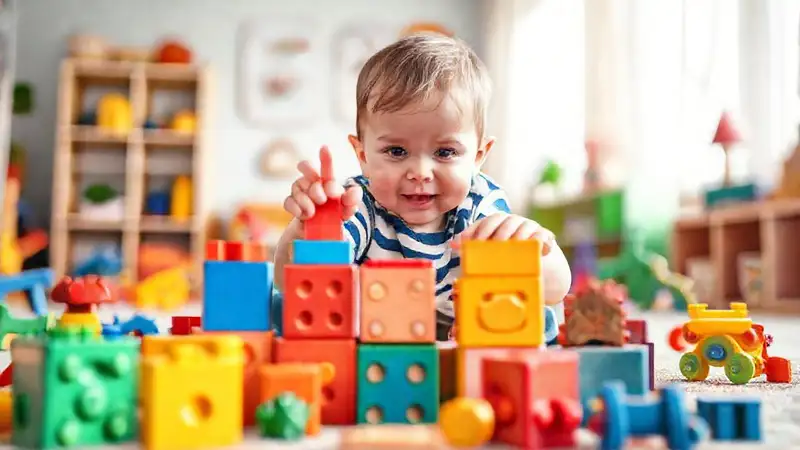 Niño juega bloques en un ambiente alegre