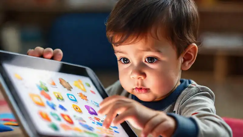Un niño aprende feliz con tablet