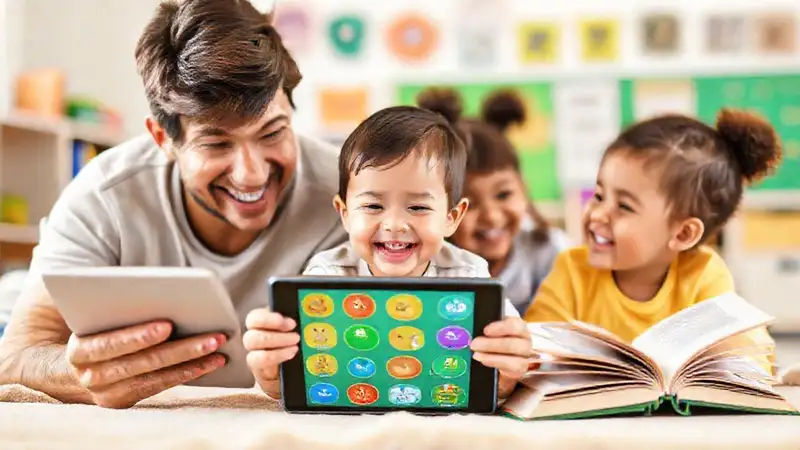 Familia feliz aprende con tecnología