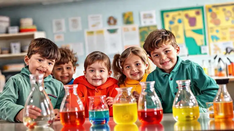 Niños científicos exploran experimentos vibrantes