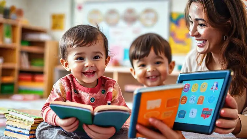 Un niño feliz aprende con tecnología
