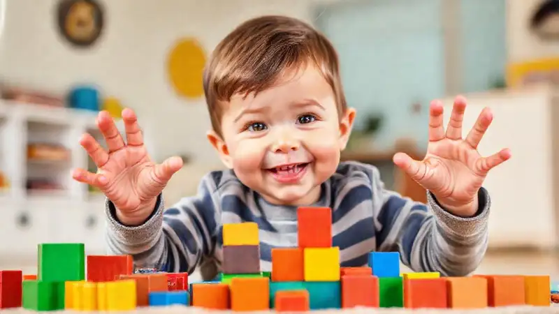 Un niño juega con bloques felices