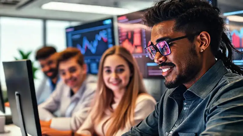 Estudiantes aprenden datos en oficina moderna