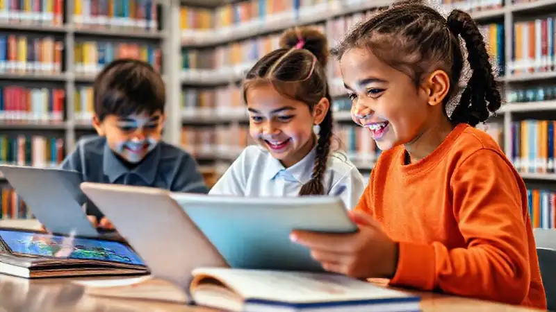 Niños aprenden en biblioteca digital vibrante