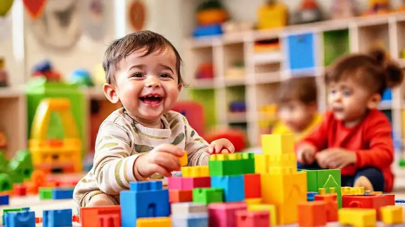 Niños felices juegan con bloques coloridos