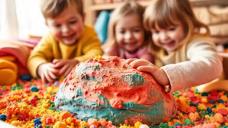 Niños felices exploran texturas coloridas