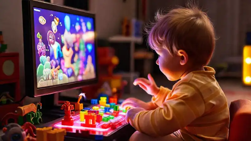 Un niño juega con videojuegos brillantes