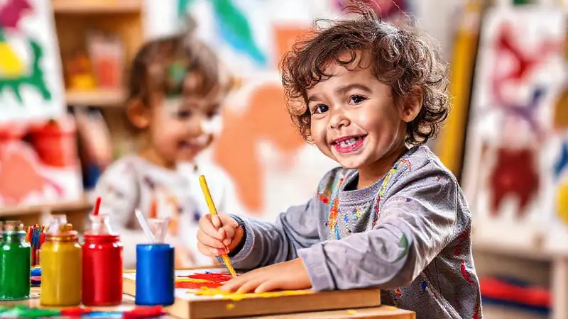 El niño pinta con alegría creativa