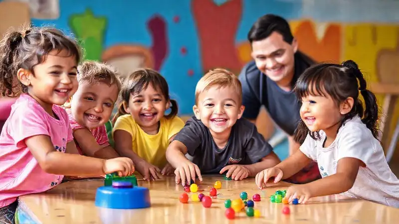 Niños diversos juegan felices y seguros