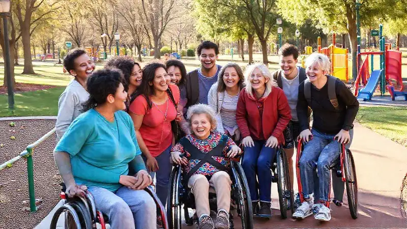 Un grupo diverso disfruta un parque inclusivo