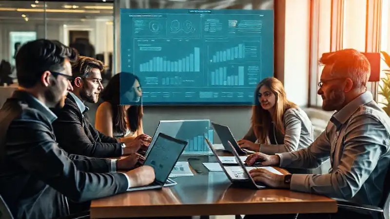 Equipo diverso analiza datos en oficina