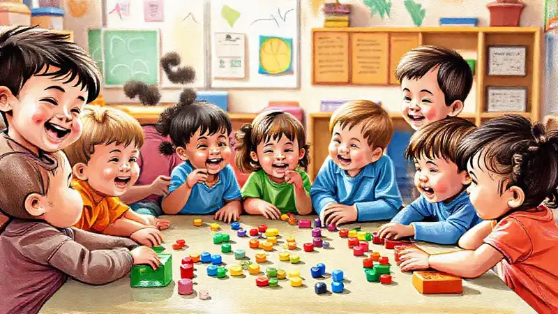 Niños felices juegan en un aula colorida