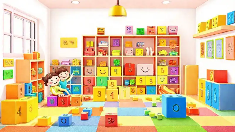 Niños felices aprenden con bloques coloridos