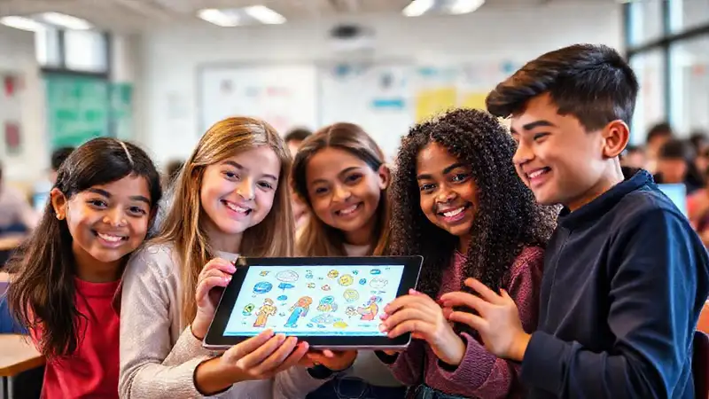 Estudiantes aprenden digitalmente con tabletas