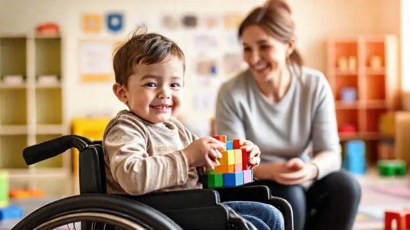 Un niño feliz juega inclusivamente