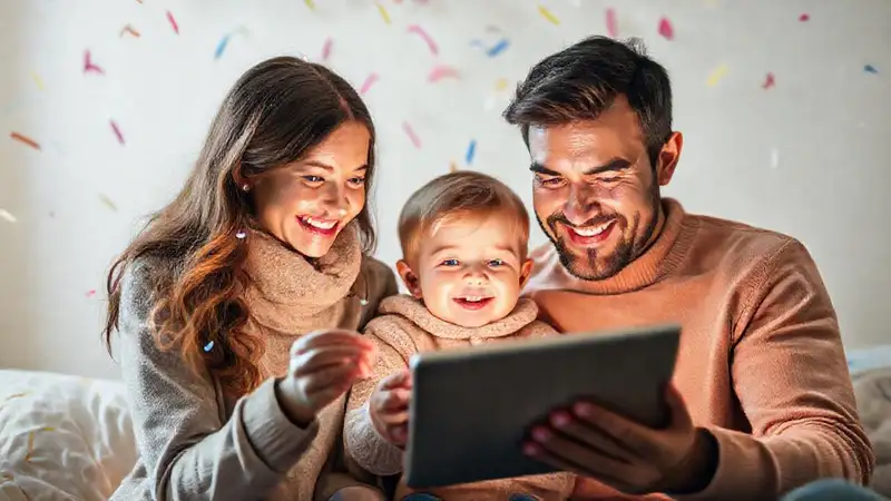 Familia feliz celebra en pantalla brillante
