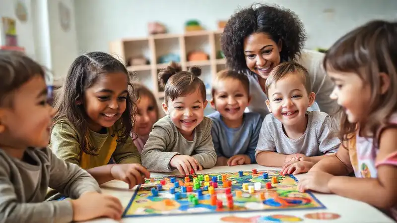 Niños felices juegan en un ambiente inclusivo