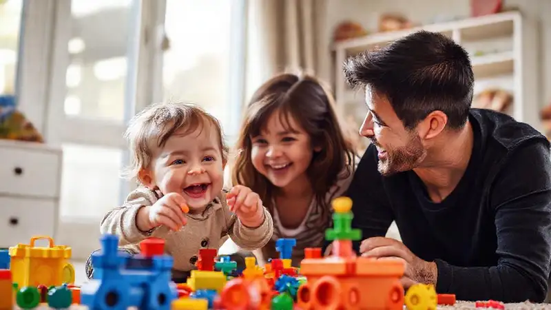Un niño feliz juega con sus juguetes