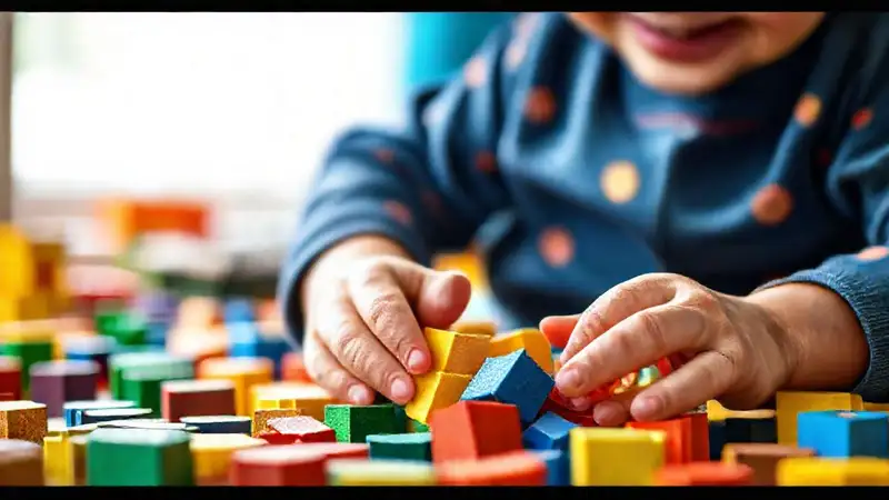 Un niño juega concentrado, felizmente construyendo