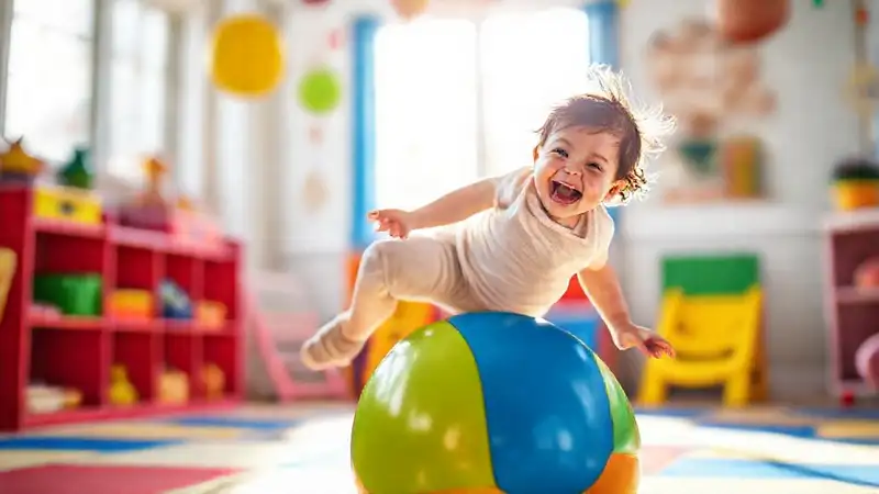 Un niño equilibra feliz en la pelota