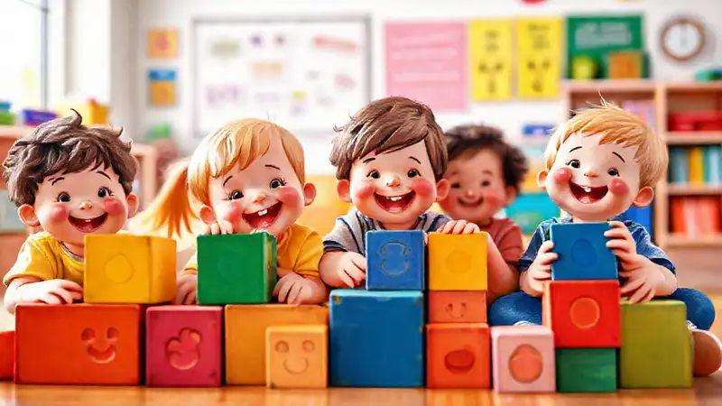 Niños felices con bloques coloridos