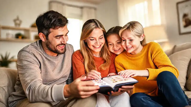 Familia feliz estudia con apoyo