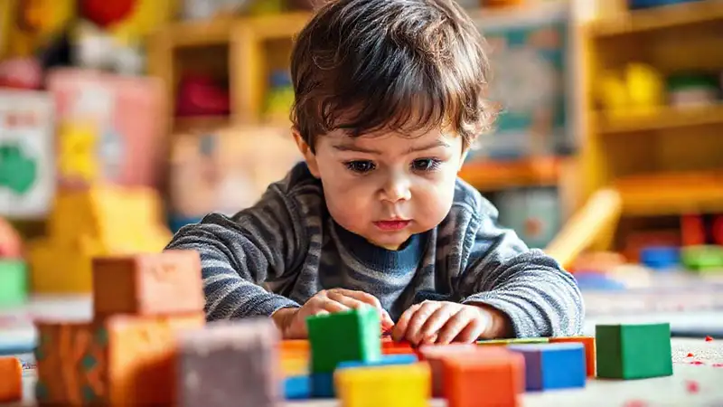 Un niño explora bloques coloridos y atentos