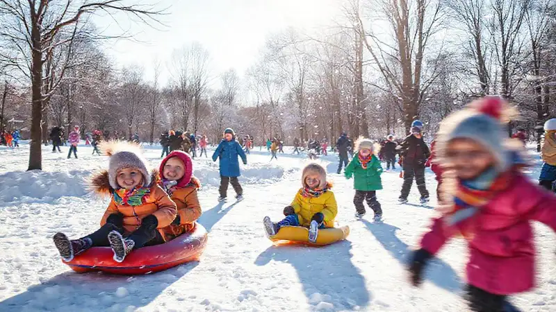 Niños felices invernan en un parque