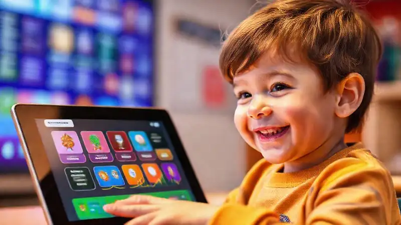 Niño aprende feliz en tablet digital