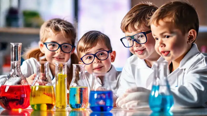 Niños científicos experimentan descubrimientos coloridos en laboratorio