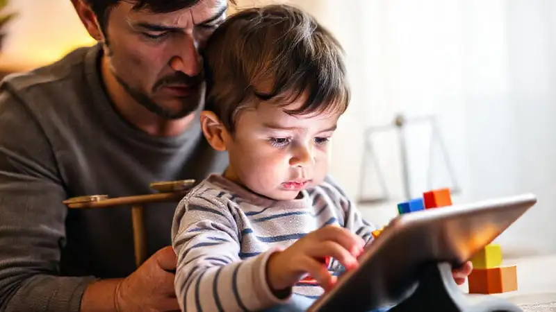 Padre preocupado observa a su hijo absorto