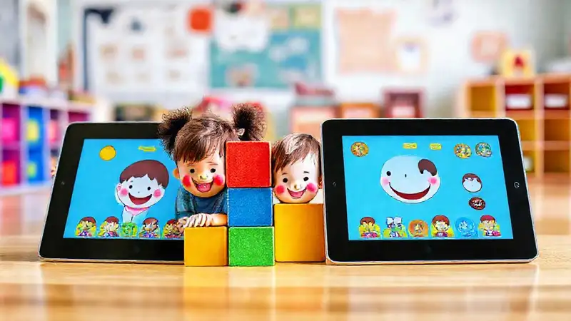 Niños felices aprenden con bloques digitales