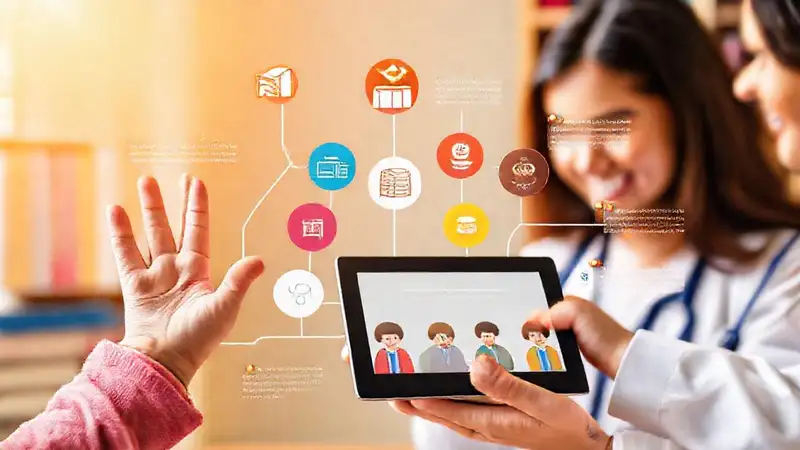 Infografía educativa, mano infantil, alegría y aprendizaje