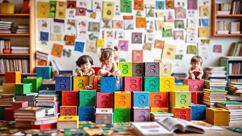 Niños felices juegan con bloques coloridos