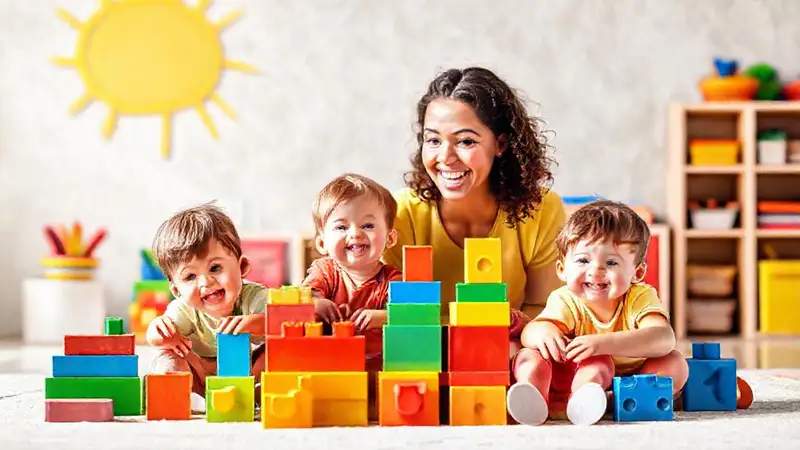 Niños felices construyen en un aula brillante