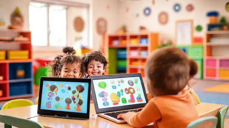 Niños felices aprenden en un espacio alegre