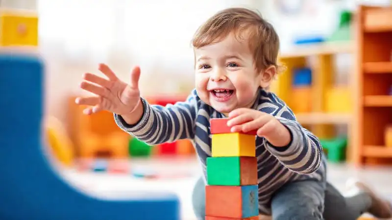 Un niño feliz equilibra bloques