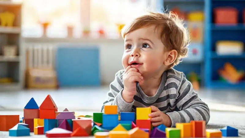 Un niño aprende jugando con bloques
