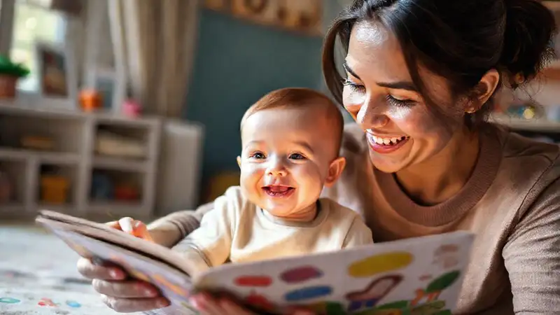 Un niño sonríe leyendo con su padre