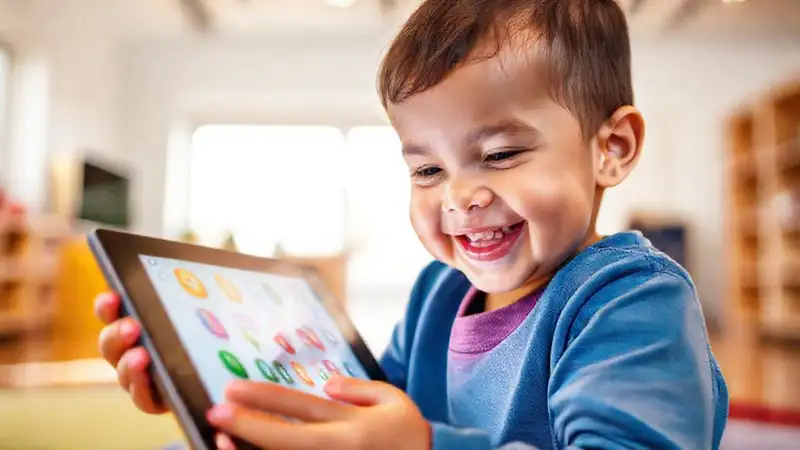 Un niño feliz aprende con tablet